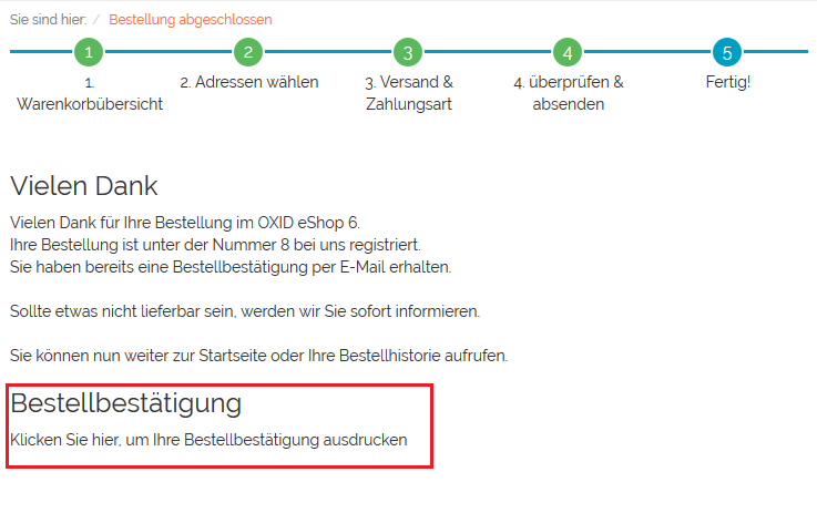 Link zur Bestellbestätigung auf der Thankyou-Seite